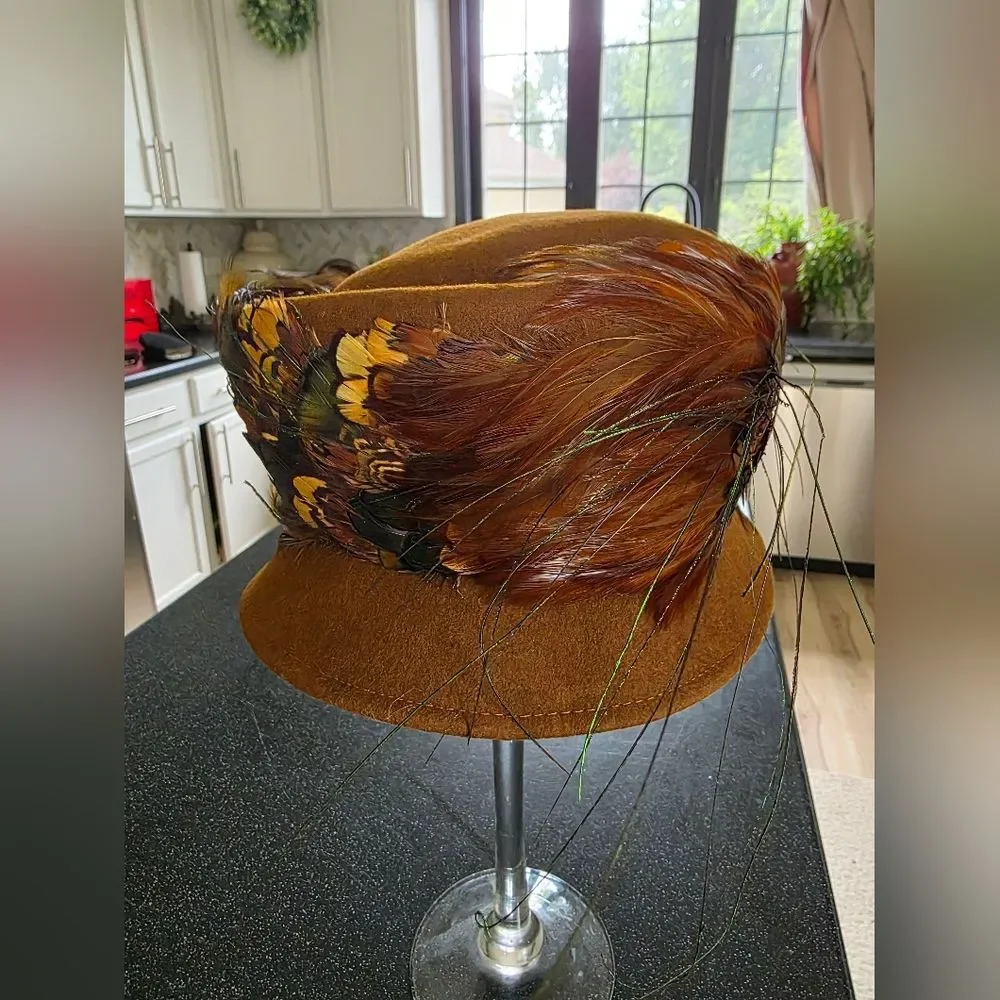Vtg Peacock Feather Pheasant Hat B. Michael Mysha Brown Felt 21' Derby Racetrack - Picture 14 of 14